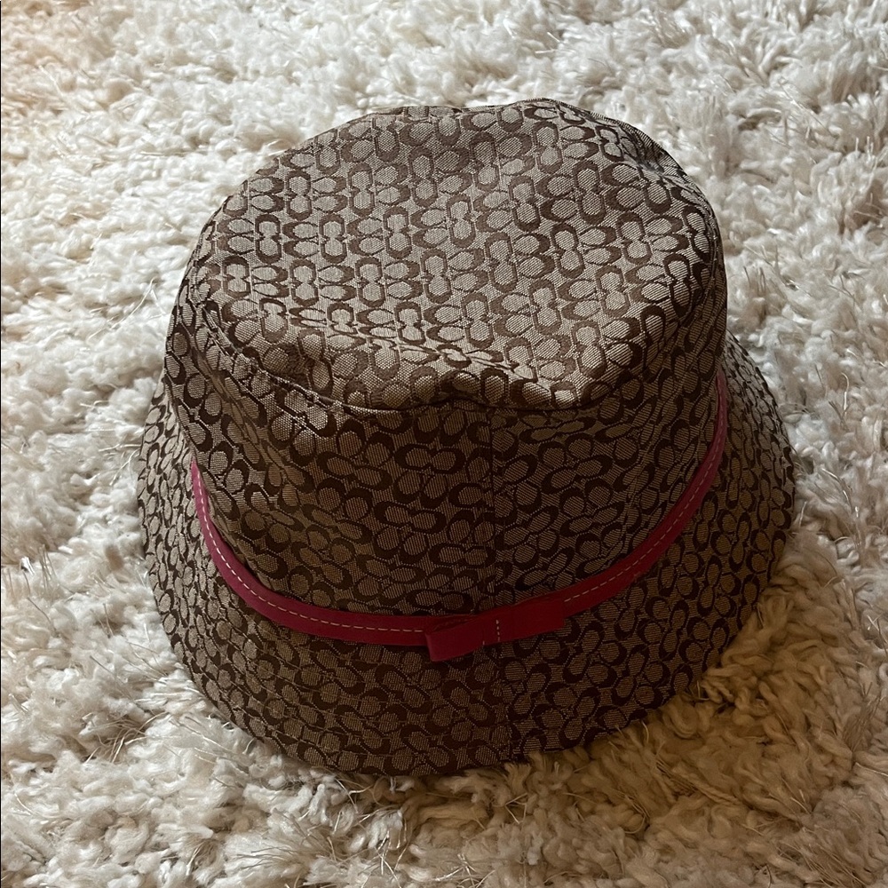 Coach Kids Brown Monogram Hat with Pink Lining